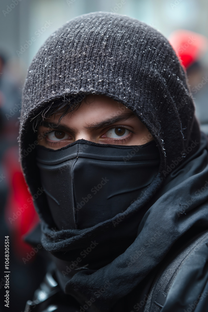 A man wearing a black mask and a black hat A man wearing a black mask and a black hat
