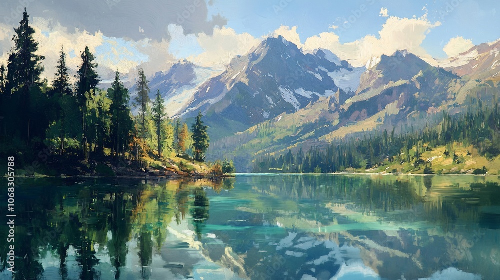 Fototapeta premium A serene mountain lake with snow-capped peaks reflecting on the calm water, surrounded by lush greenery and blue skies.