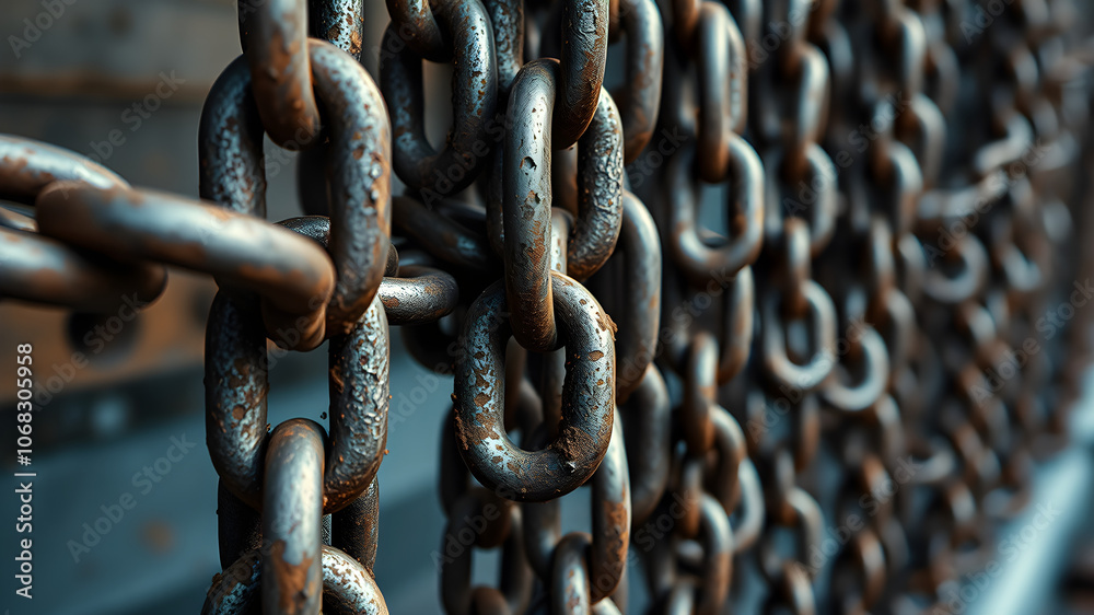 A close-up of a rusty metal chain, emphasizing its texture and intricate links. A close-up of a rusty metal chain, emphasizing its texture and intricate links.
