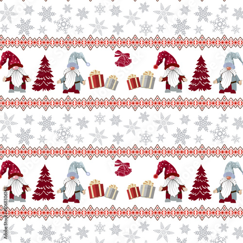 Pattern with gnomes and gifts.Vector seamless pattern with gnomes, Christmas trees, gifts and snowflakes on a transparent background with colored embroidery.