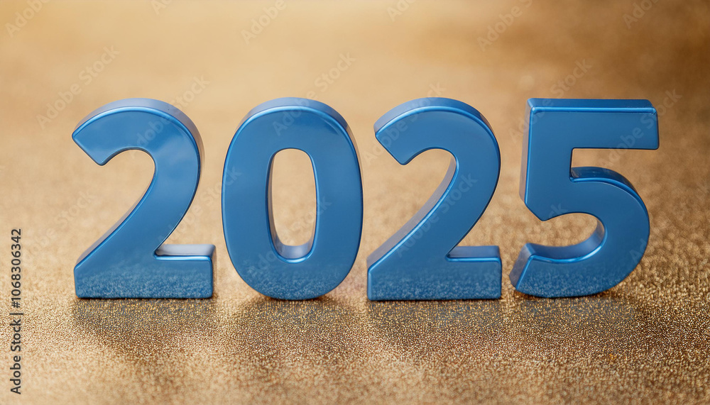 Glossy blue metallic number 2025 on golden shimmering backdrop. New Year. Glossy blue metallic number 2025 on golden shimmering backdrop. New Year.