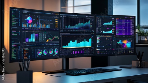 Triple Monitor Setup with Data Analysis and Charts Displayed