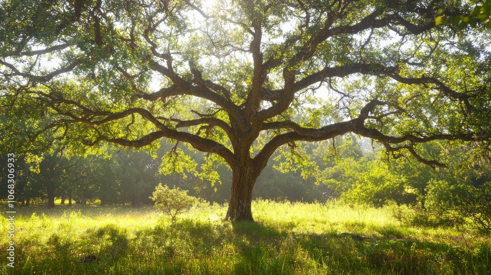 Majestic Oak Tree in Sunlit Glade: Symbol of Strength and Preservation Majestic Oak Tree in Sunlit Glade: Symbol of Strength and Preservation