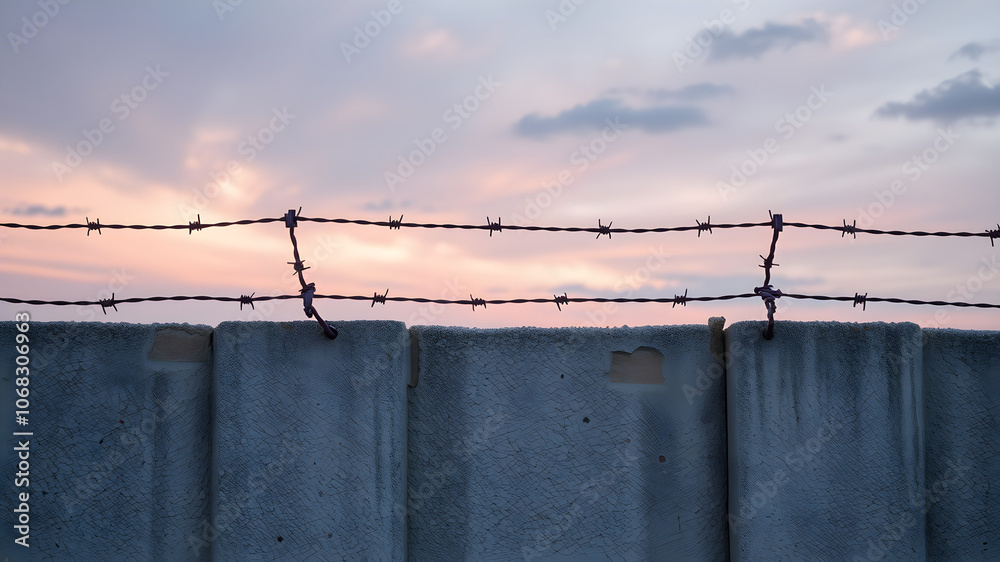 A barbed wire fence silhouetted against a dramatic sunset sky. A barbed wire fence silhouetted against a dramatic sunset sky.