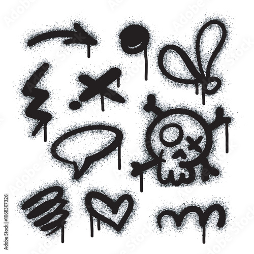 Collection of graffiti image symbols. Spray painted graffiti pattern with question marks, arrows, crowns, stars, skulls, fences and fists. Spray paint element. Street art style illustration