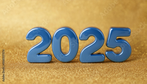 Glossy blue metallic number 2025 on golden shimmering backdrop. New Year.