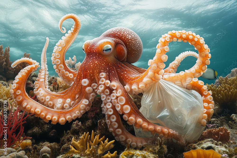 Octopus with Plastic Bag on Coral Reef Octopus with Plastic Bag on Coral Reef