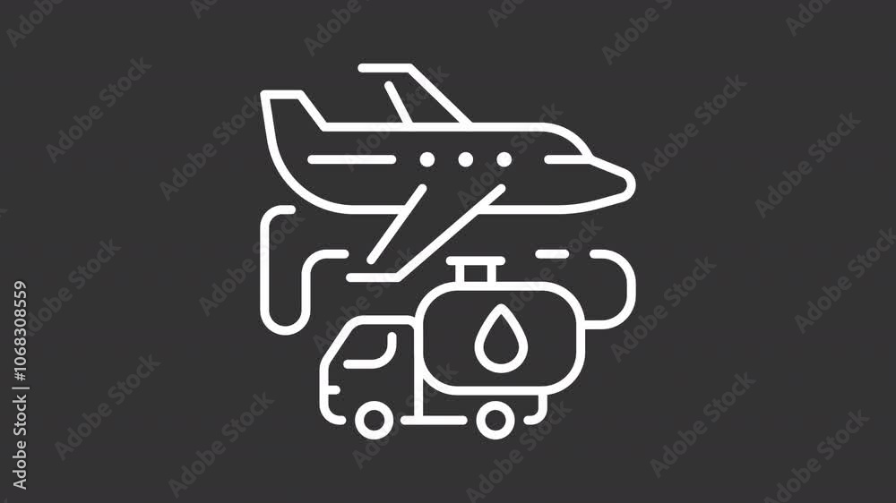 Aviation fuel white line animation. Animated plane and fuel truck icon. Refueling aircraft for air travel operations. Isolated illustration on dark background. Transition alpha video. Motion graphic Aviation fuel white line animation. Animated plane and fuel truck icon. Refueling aircraft for air travel operations. Isolated illustration on dark background. Transition alpha video. Motion graphic