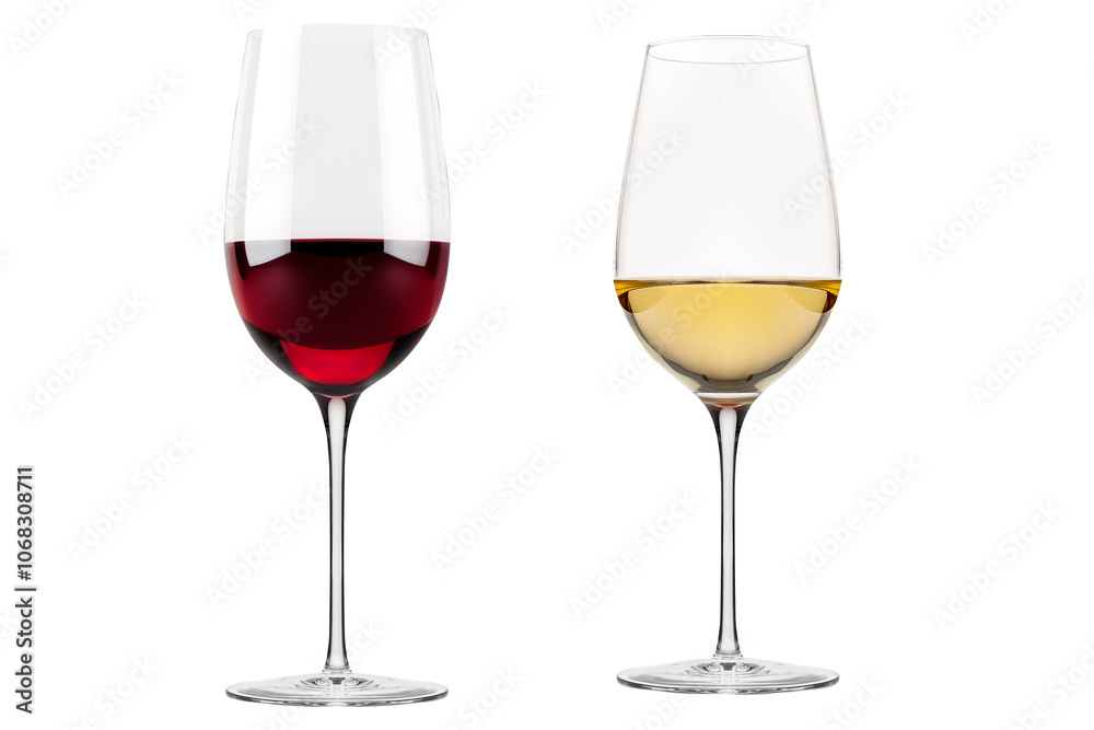 Pair of red and white wine glasses isolated on white transparent background. Rose wine splashing in glassware Pair of red and white wine glasses isolated on white transparent background. Rose wine splashing in glassware