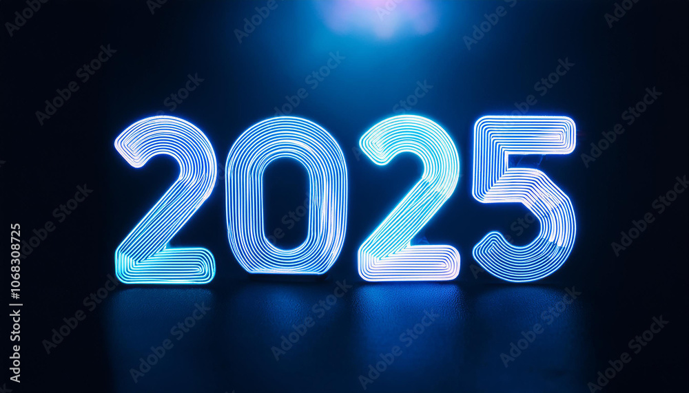 Neon glowing number 2025 on dark background. New Year. 3D rendering. Neon glowing number 2025 on dark background. New Year. 3D rendering.