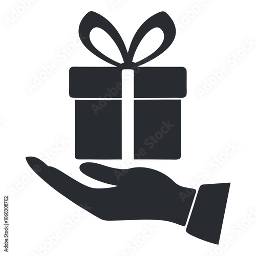 vector art illustration of a hand holding a neatly wrapped gift box with a red bow on top