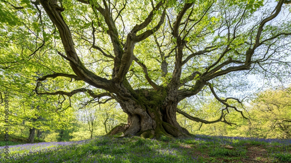 Majestic Beech Tree Amongst Bluebells - Tranquil Spring Forest Landscape with Ultra-Detailed Details Majestic Beech Tree Amongst Bluebells - Tranquil Spring Forest Landscape with Ultra-Detailed Details