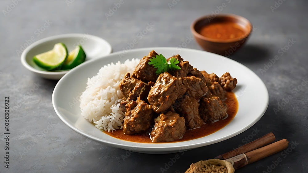Delicious Randang dish, Food Made from Beef Stew and Coconut Milk with Various Herbs and Spices Delicious Randang dish, Food Made from Beef Stew and Coconut Milk with Various Herbs and Spices