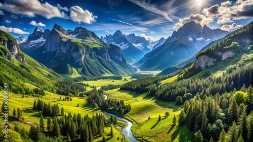 Stunning Panoramic Landscape of 'Gow w d' Featuring Lush Green Valleys, Majestic Mountains, and a Serene Sky Captured in Vibrant Colors for Nature Lovers and Travel Enthusiasts photo