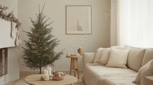 Cozy Scandinavian Christmas living room with a small tree, neutral colors, and natural wooden decor for a minimalist holiday vibe.