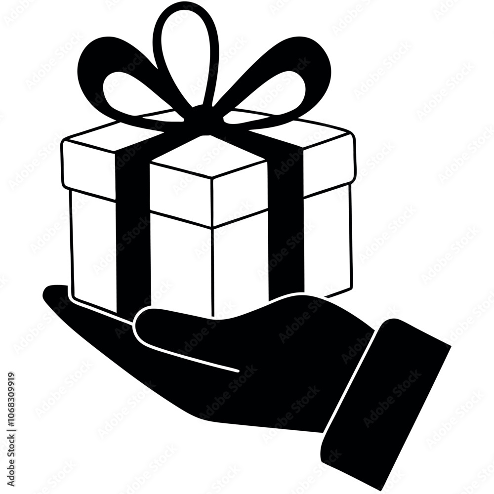 vector art illustration of a hand holding a neatly wrapped gift box with a red bow on top vector art illustration of a hand holding a neatly wrapped gift box with a red bow on top