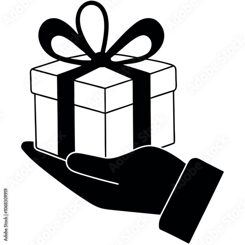 vector art illustration of a hand holding a neatly wrapped gift box with a red bow on top
