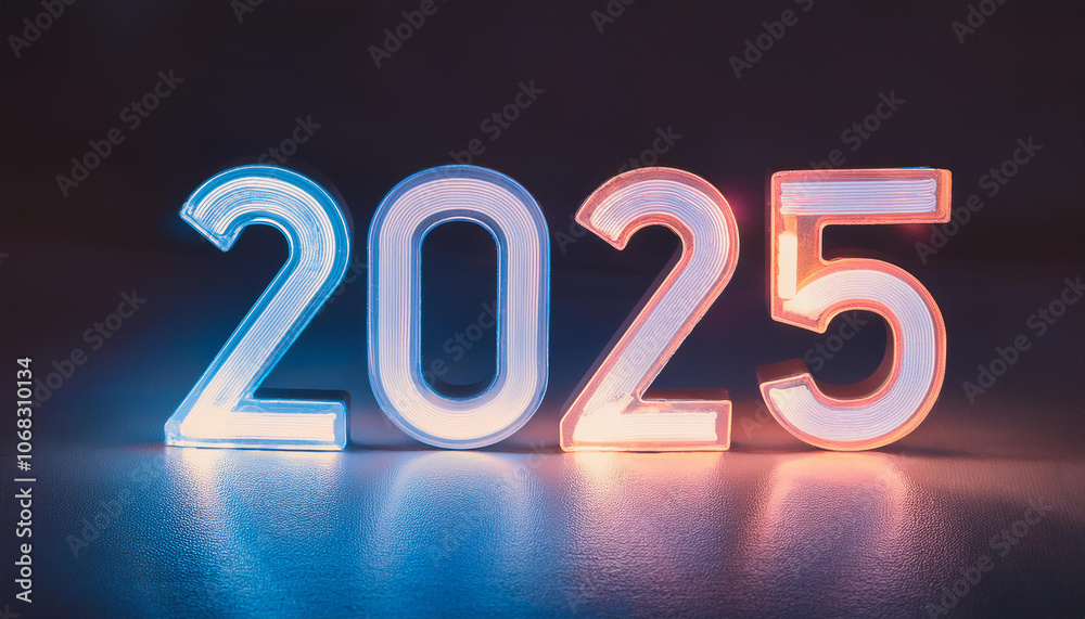 Neon glowing number 2025 on dark background. New Year. 3D rendering. Neon glowing number 2025 on dark background. New Year. 3D rendering.