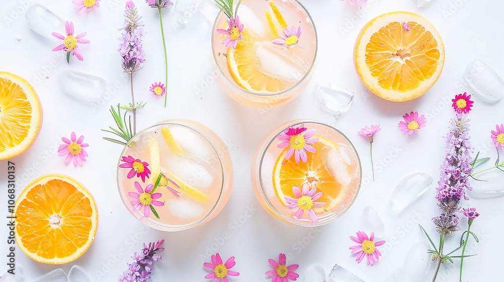 Three glasses of refreshing iced tea with lemon, orange, and edible flowers, on a white background with scattered ice cubes, lemons, and flowers. Three glasses of refreshing iced tea with lemon, orange, and edible flowers, on a white background with scattered ice cubes, lemons, and flowers.