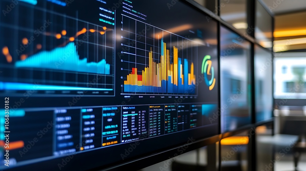 Financial Data Displayed on a Large Monitor in a Modern Office Financial Data Displayed on a Large Monitor in a Modern Office