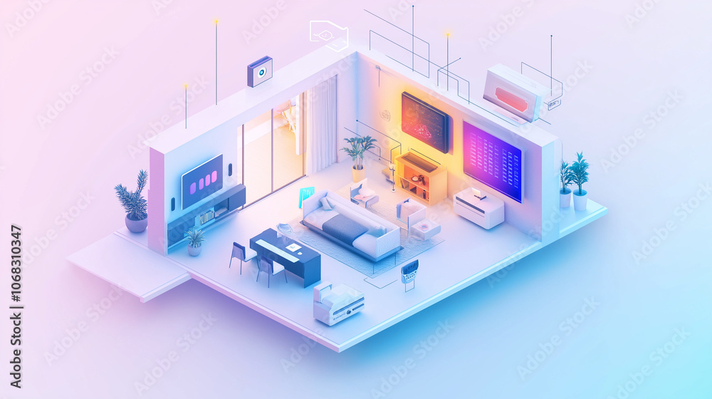 Isometric Futuristic Living Room Interior with High-Tech Gadgets and Modern Aesthetic Isometric Futuristic Living Room Interior with High-Tech Gadgets and Modern Aesthetic