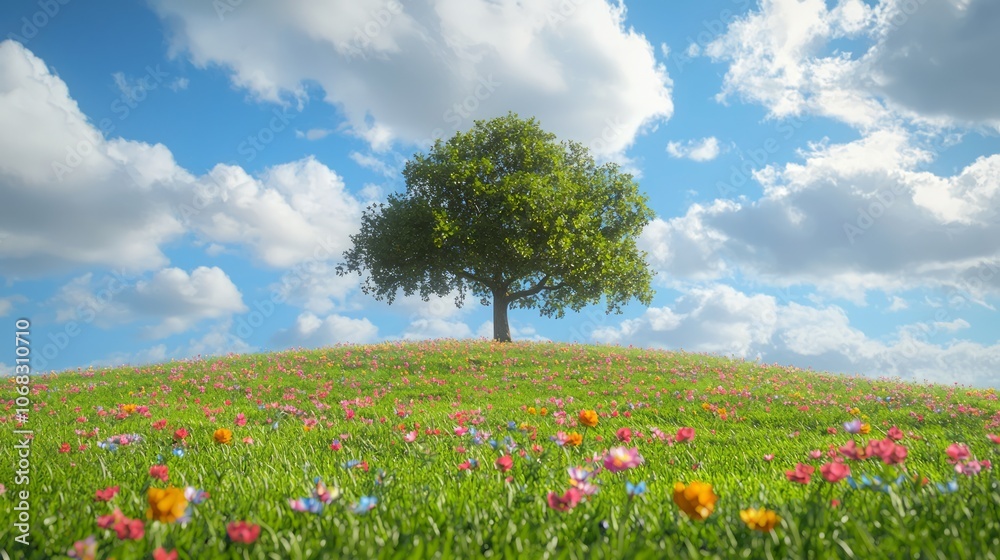 Majestic Lone Tree on Hill Surrounded by Vibrant Wildflowers - Tranquil Nature Landscape Scene with Ultra-Detailed Beauty Majestic Lone Tree on Hill Surrounded by Vibrant Wildflowers - Tranquil Nature Landscape Scene with Ultra-Detailed Beauty