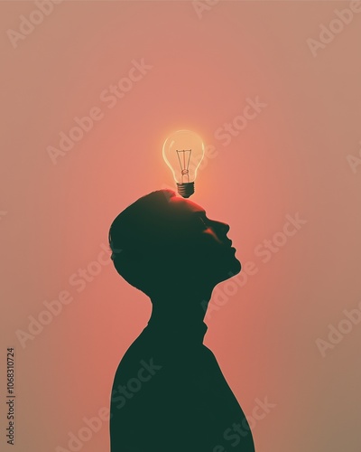 Profile of a person with a lightbulb glowing softly above their head, representing new ideas and innovation, clean and minimalist pastel background. photo