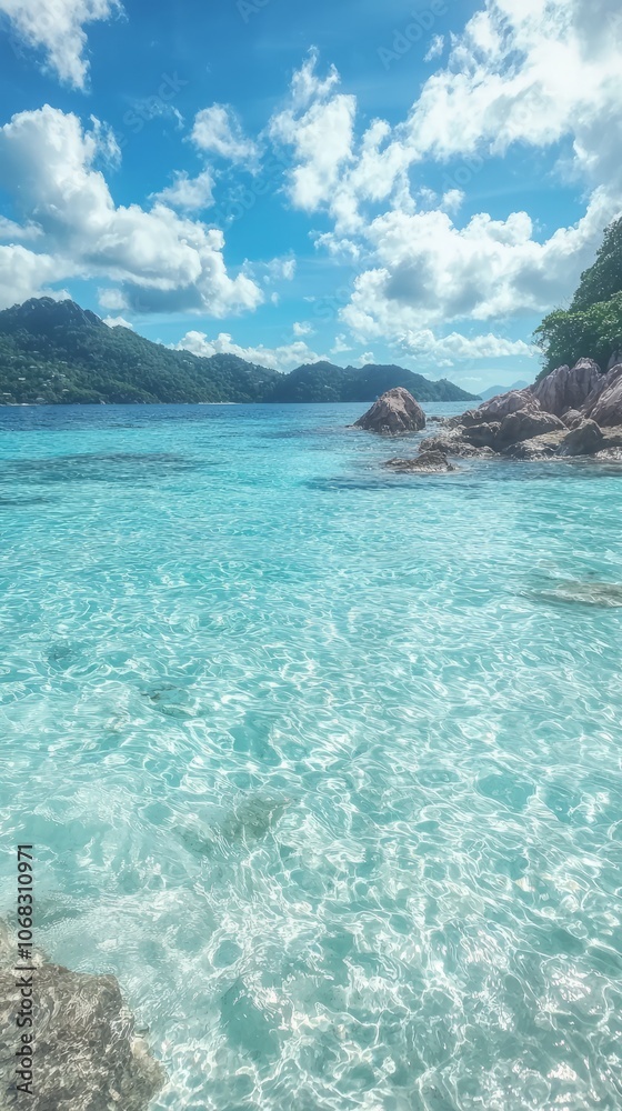 Fototapeta premium Serene tropical beach with clear turquoise water and lush mountains in background.