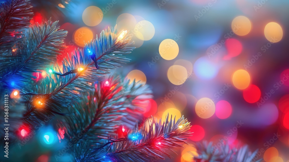 Abstract holiday lights shining through pine needles, with soft, blurred focus capturing the festive atmosphere. Abstract holiday lights shining through pine needles, with soft, blurred focus capturing the festive atmosphere.