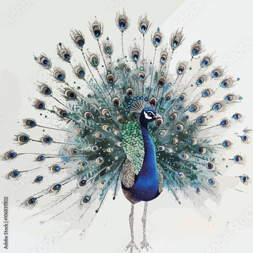 Beautiful peacock with feathers on white background. Indian peafowl 
