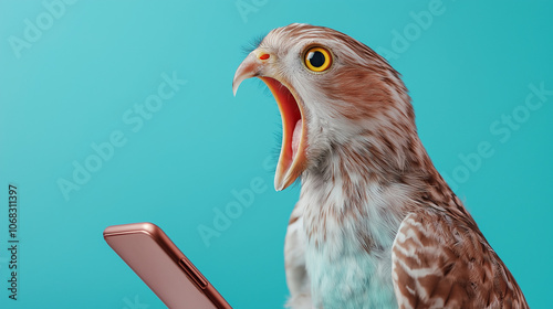 A hawk with its mouth wide open looks at a phone. photo