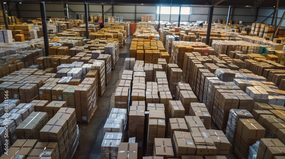 A warehouse with rows of cardboard boxes filled with goods, part of a logistics operation involving storage, packing, and distribution. The space is well organized for handling a large inventory