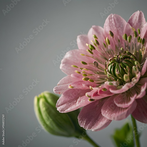 A close-up, high-definition macro image of a lush pink and green flower at full bloom, with each petal in sharp focus against a subtly blurred grey background. The lighting is soft and evenly distribu photo