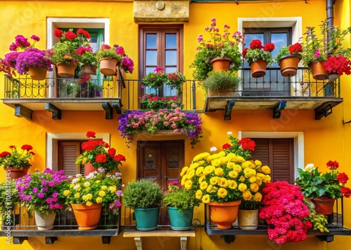 Stunning Vibrant Balcony Overflowing with Colorful Flowers Against a Bright Yellow Wall, Perfect for Capturing the Essence of Outdoor Living and Urban Gardening in Photography