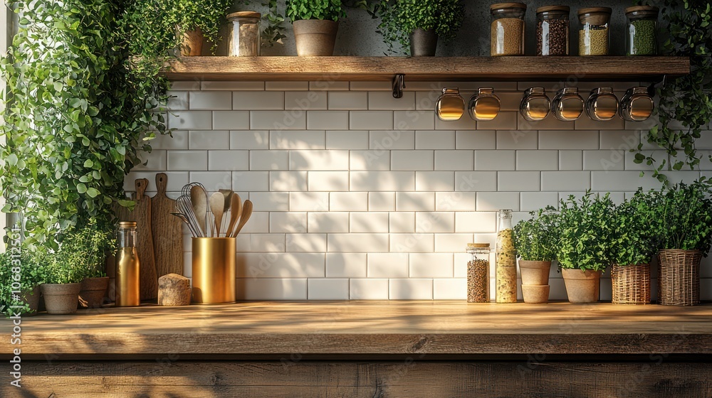 Rustic kitchen counter with wooden shelves, white subway tile backsplash, and potted plants. Rustic kitchen counter with wooden shelves, white subway tile backsplash, and potted plants.