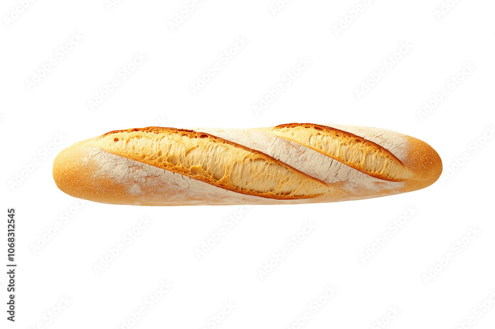 A delicious crusty French baguette isolated on white transparent background, concept of fresh bread. A delicious crusty French baguette isolated on white transparent background, concept of fresh bread.