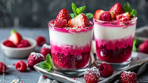 Two glasses of parfait with layers of yogurt, chia seeds, raspberry sauce, and fresh berries.