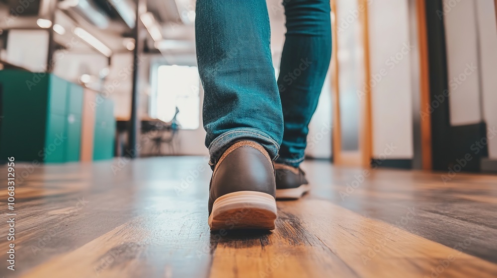 Fototapeta premium Office worker stretching legs in a minimalist office with a clean, uncluttered background and natural light, emphasizing wellness and relaxation in a serene workspace.