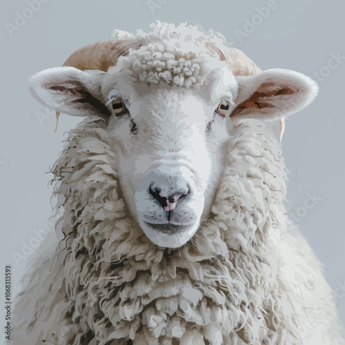 Close up of a white sheep head on gray background. Animal portrait. 