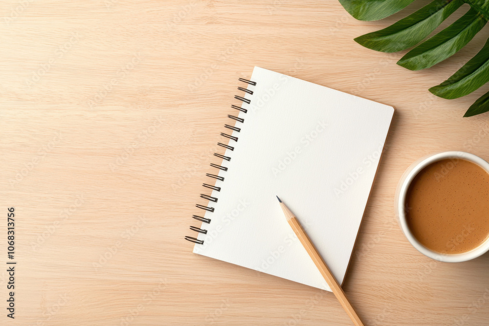 Carbon footprint and climate change lifestyle concept. A minimalist workspace featuring a blank notebook a pencil a cup of coffee and a vibrant green plant on a wooden surface Carbon footprint and climate change lifestyle concept. A minimalist workspace featuring a blank notebook a pencil a cup of coffee and a vibrant green plant on a wooden surface