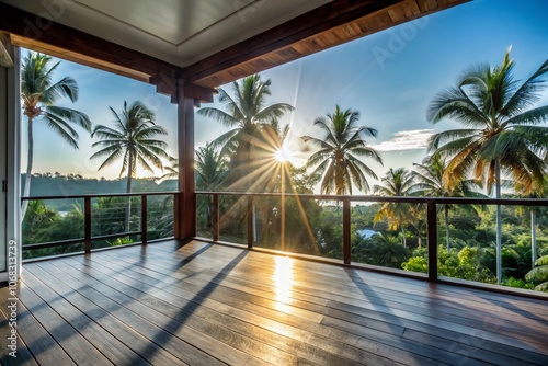 Summer Delight: A Serene Wooden Balcony Patio Deck Bathed in Sunlight with a Panoramic View of Coconut Trees - Interior Mockup Design for Dreamy House Decor