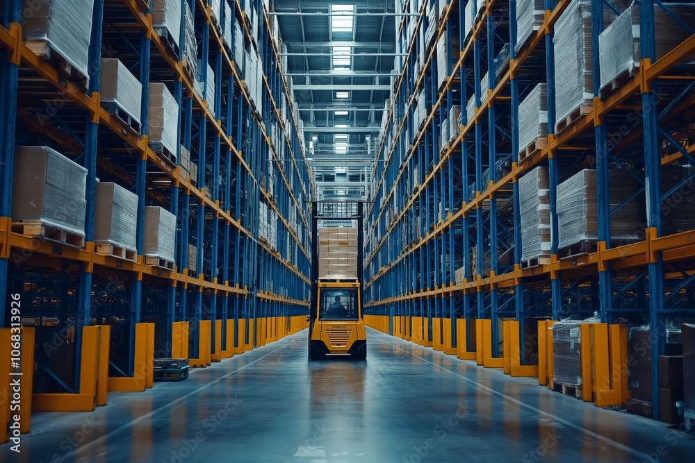 Fototapeta premium A modern warehouse interior showcases a forklift in an aisle, highlighting efficient inventory management and storage solutions in largescale industrial facilities for better business operations