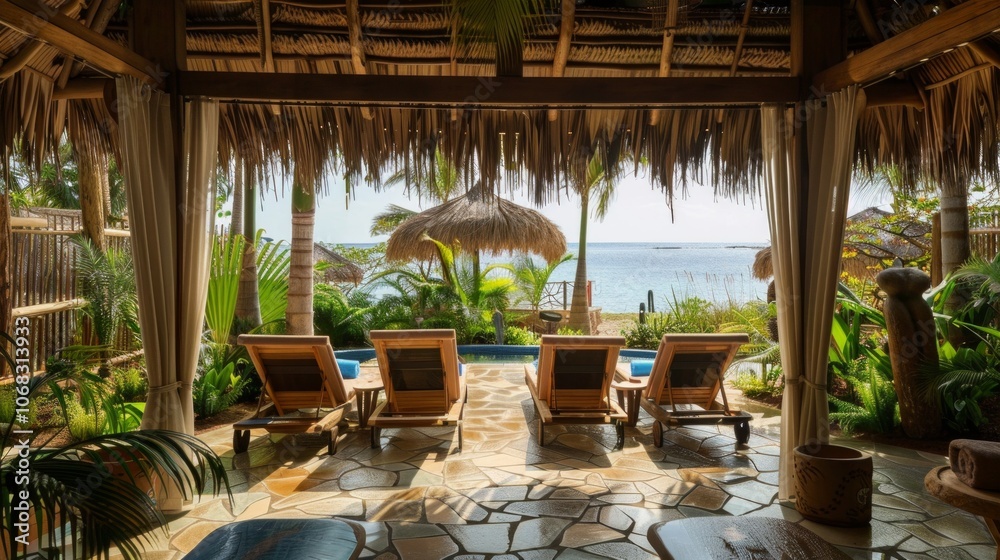 Fototapeta premium Visualize a tropical beach resort where guests enjoy chocolate-themed spa treatments. Chocolate-infused massages