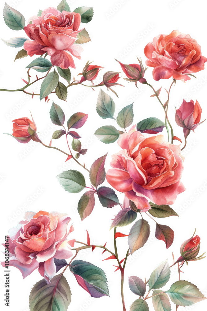 Roses and leaves, watercolor flowers isolated on white background, wedding invitaiton card design Roses and leaves, watercolor flowers isolated on white background, wedding invitaiton card design