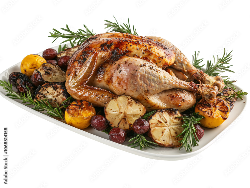 a roasted chicken with vegetables on a platter a roasted chicken with vegetables on a platter