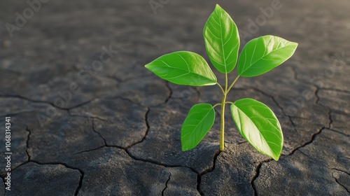 Carbon footprint and climate change lifestyle concept. A small green plant with bright leaves emerges from cracked soil symbolizing hope and resilience in a harsh environment