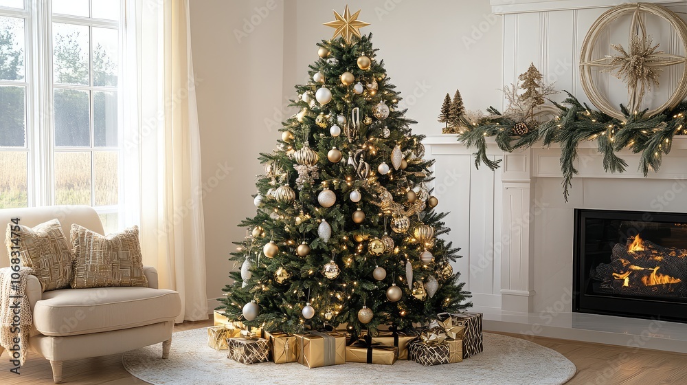 Elegant Art Deco-style Christmas tree adorned with geometric ornaments, gold accents, and rich velvet ribbons.