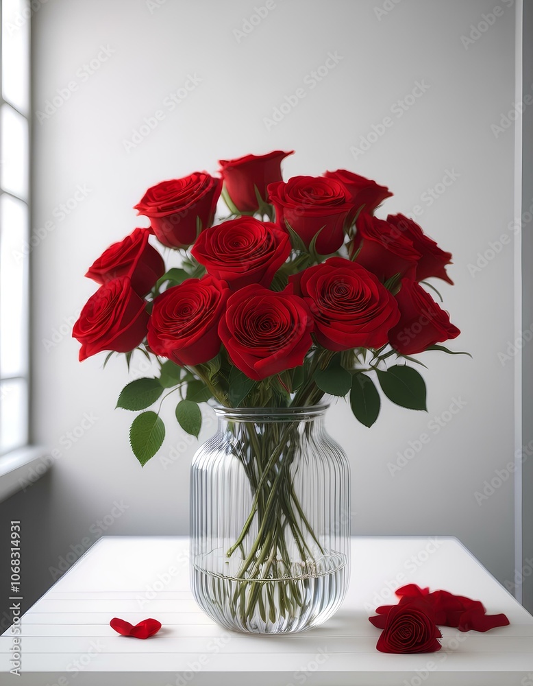 red roses in a glass vase on a white table; the concept of valentine's day red roses in a glass vase on a white table; the concept of valentine's day