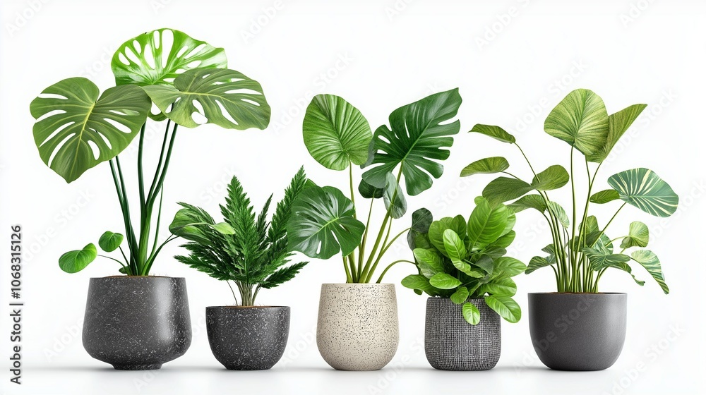 Obraz premium collection of indoor mini plants potted Monstera isolated on white background