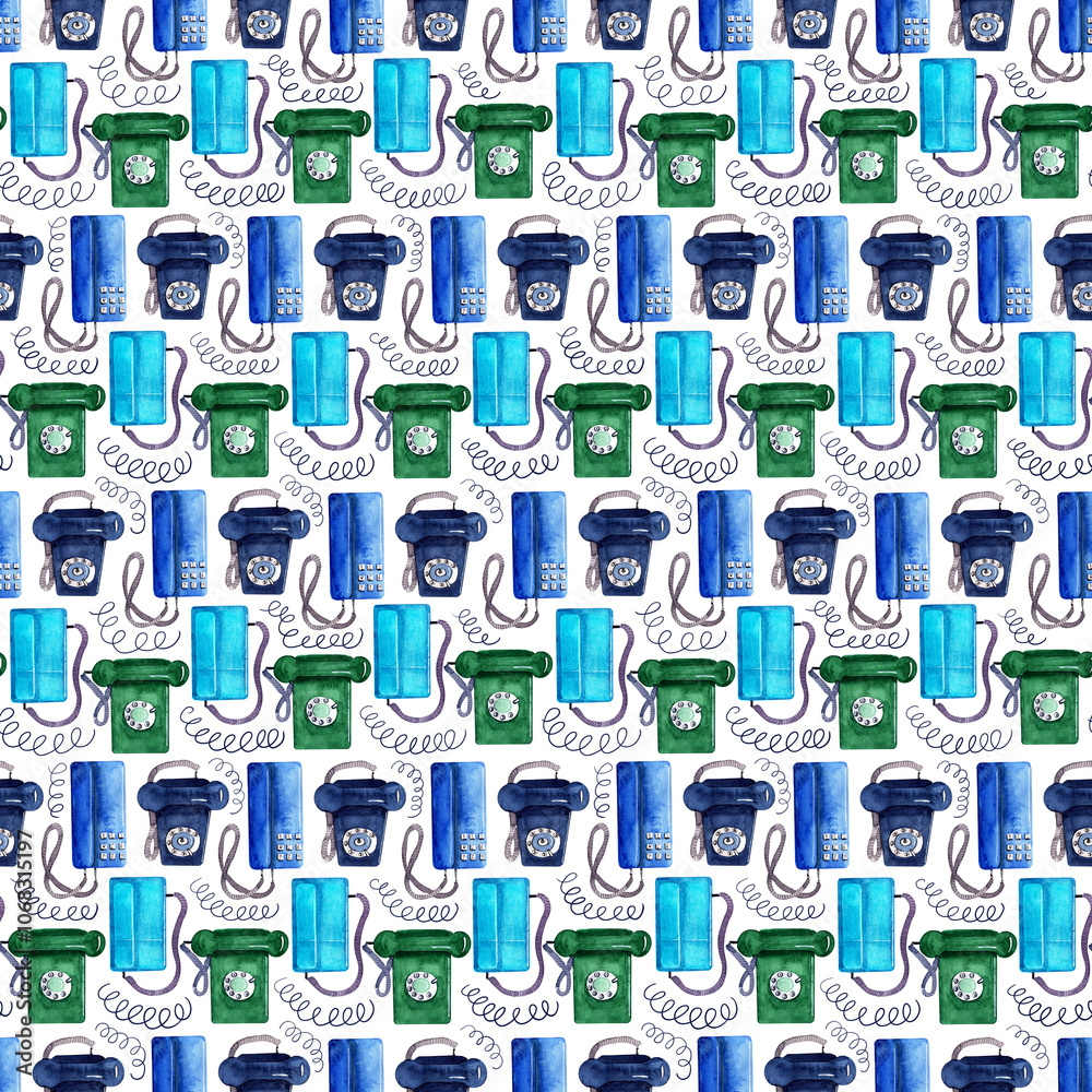 Fototapeta premium Watercolor seamless pattern with colorful retro phones 
